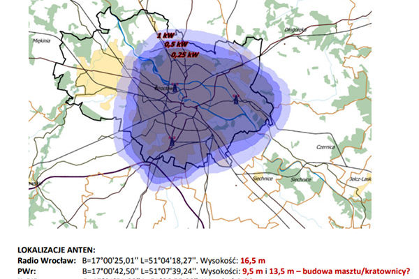 Mapka zasięgu multipleksu LokalDAB we Wrocławiu