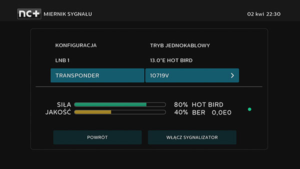 Miernik sygnału Hot Bird w dekoderze 4K UltraBox