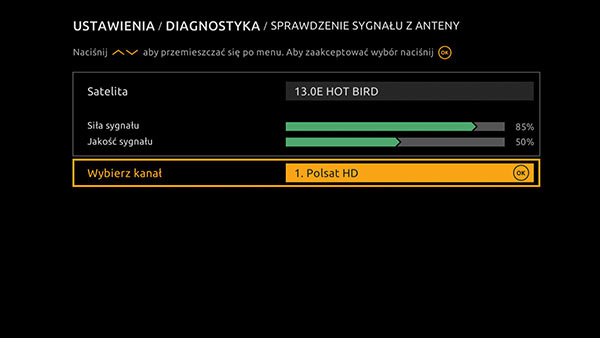 Ustawienia sprawdzenie sygnału Cyfrowy Polsat HD 6000