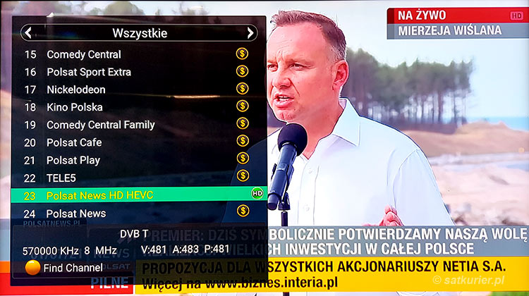 Polsat News HD HEVC z DVB-T w Krakowie z nadajnika Chorągwica