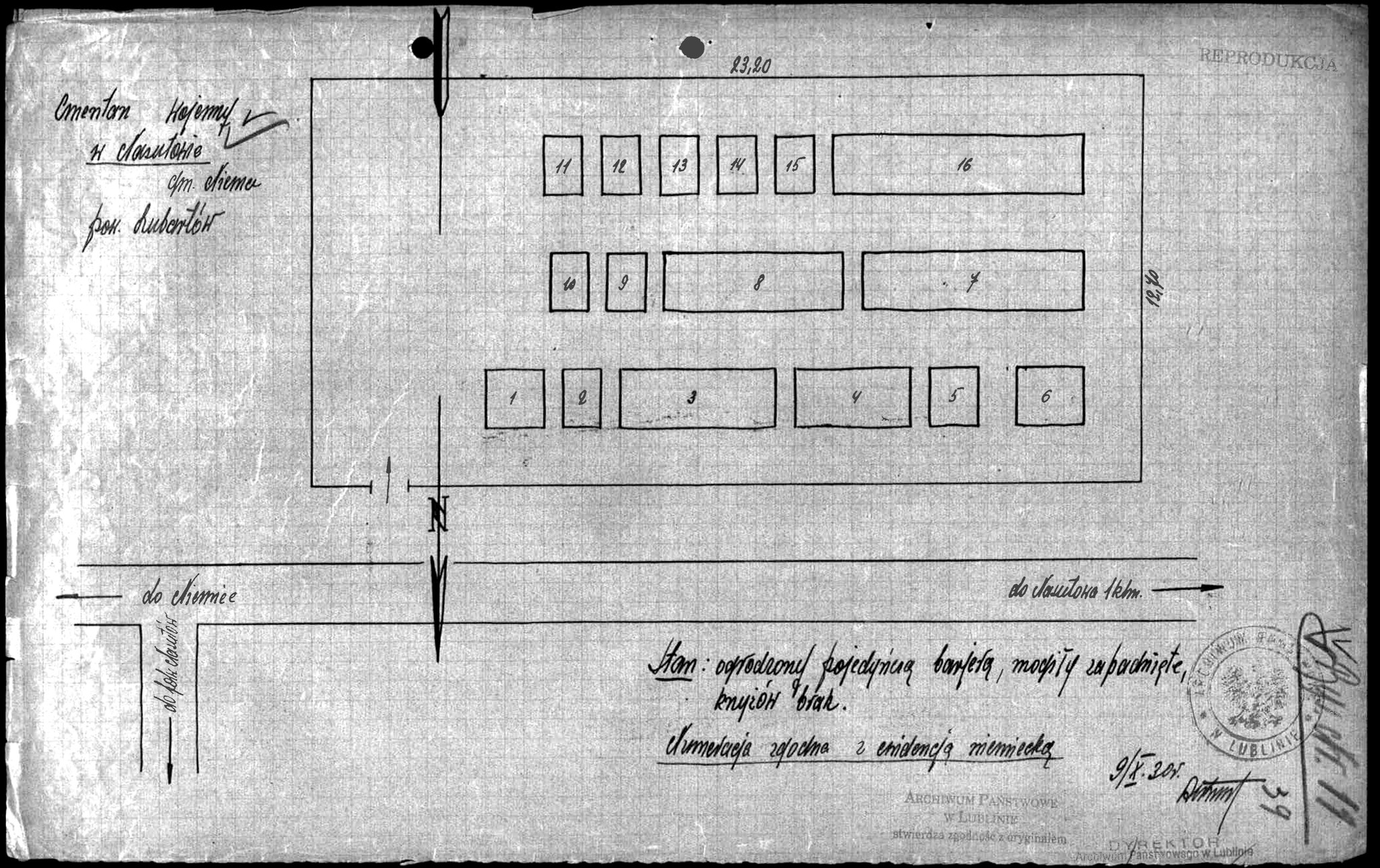 Ryc. 3 - schemat rozplanowania cmentarza w Nasutowie – reprodukcja planu z 1930 r. (oryginał w zbiorach Archiwum Państwowego w Lublinie)
