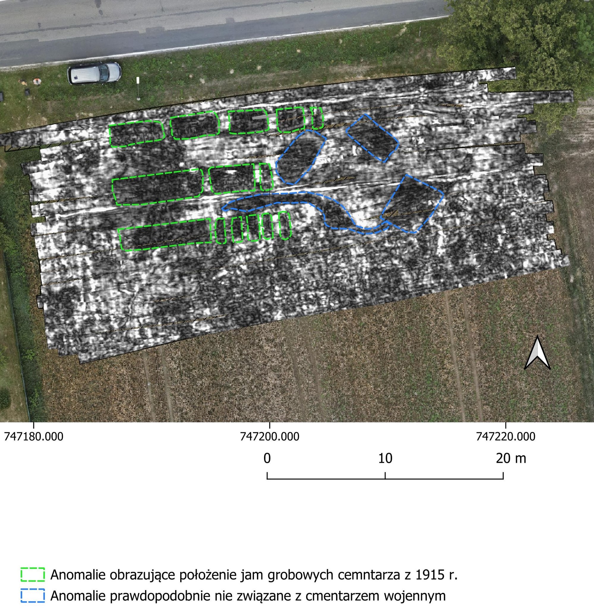 Ryc. 5 - Nasutów, gm. Niemce, Wstępne graficzna interpretacja wyników elektromagnetycznych dawnego cmentarz wojennego (za: R. Niedźwiadek, M. Maciejewski, J. Ordutowski, Lublin 2024/