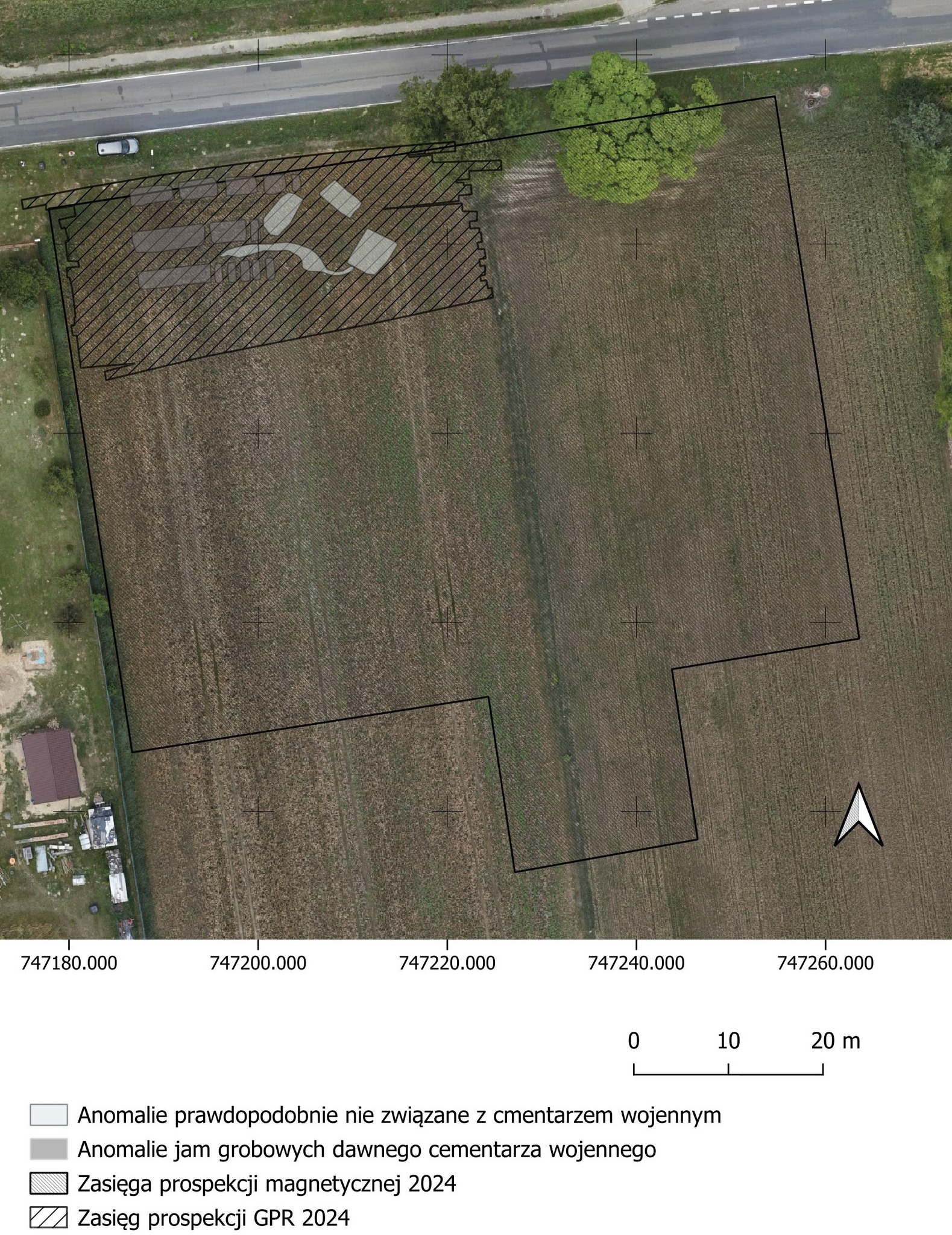 Ryc. 6 - Nasutów, gm. Niemce, Wstępne graficzna interpretacja wyników elektromagnetycznych dawnego cmentarz wojennego z oznaczeniem przestrzenie objętej badaniami - na podkładzie ortofotomapy (za: R. Niedźwiadek, M. Maciejewski, J. Ordutowski, Lublin 2024/