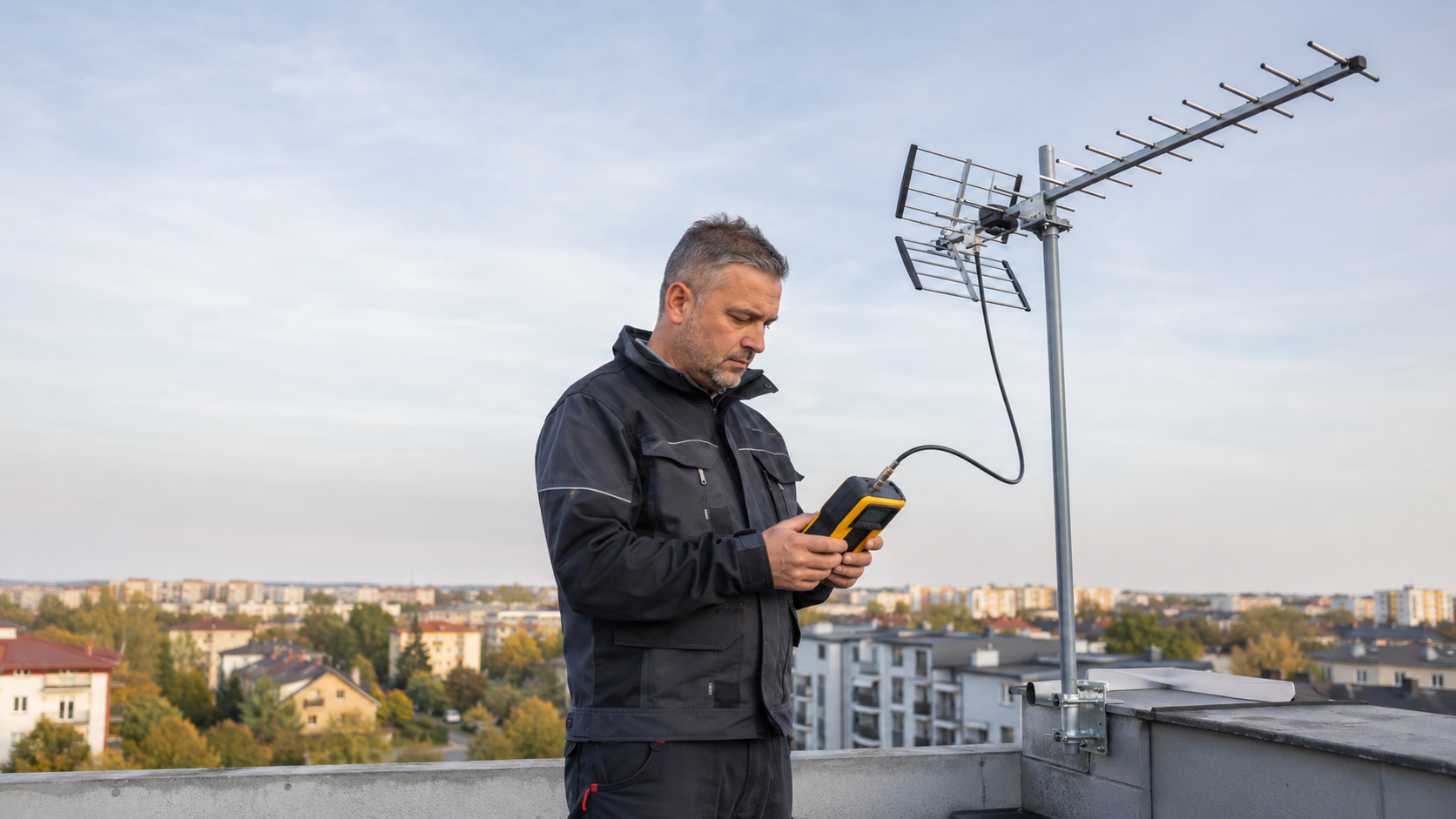 Teletechnik mierzący sygnał instalacji antenowej DVB-T2 na dachu budynku