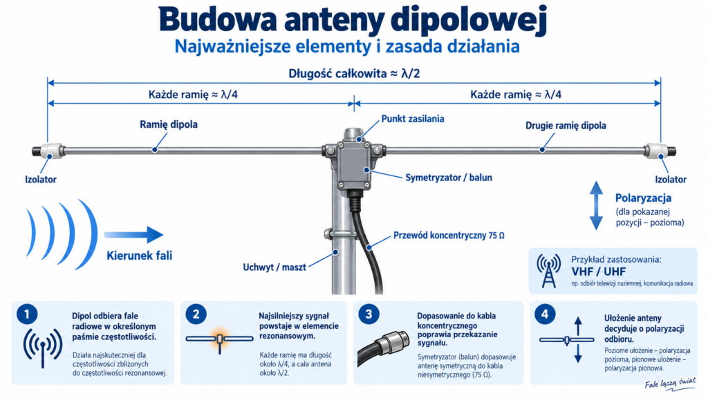 Budowa anteny dipolowej infografika techniczna