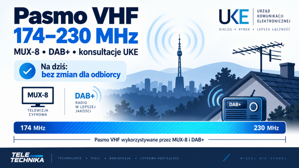Pasmo VHF 174–230 MHz wykorzystywane przez MUX-8 i DAB+. Informacja UKE: na dziś bez zmian dla odbiorcy