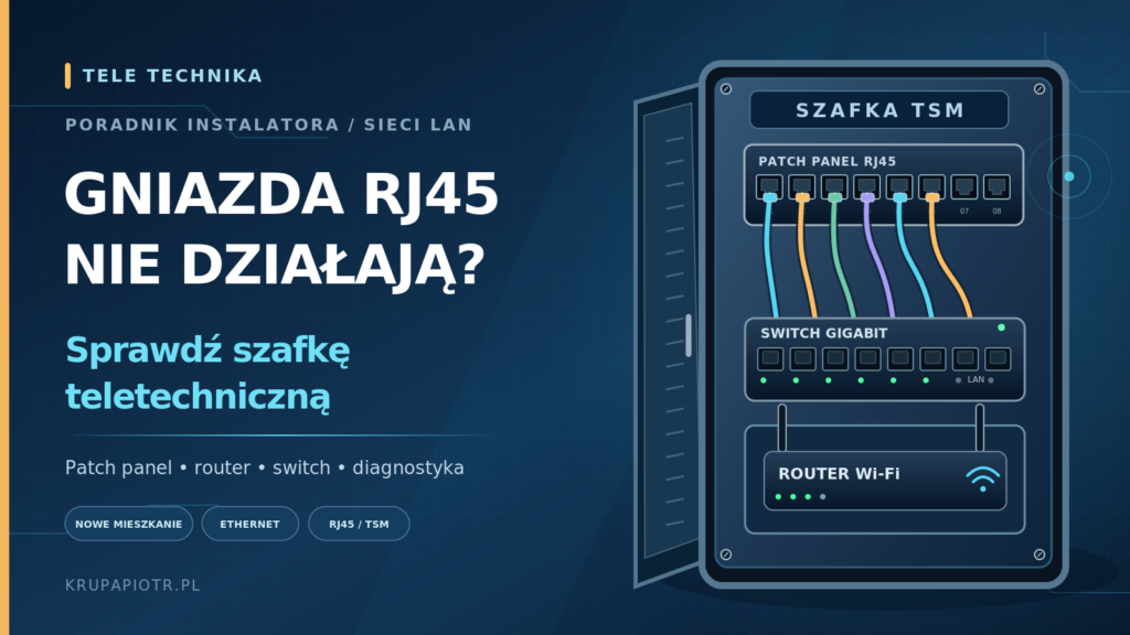 Niedziałające gniazda RJ45 w nowym mieszkaniu – szafka teletechniczna, patch panel, switch i router Wi-Fi