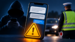 Ilustracja ostrzegająca przed fałszywym SMS-em o mandacie: telefon z żółtym trójkątem ostrzegawczym