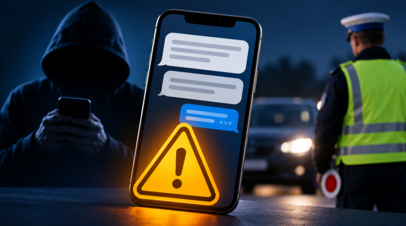 Ilustracja ostrzegająca przed fałszywym SMS-em o mandacie: telefon z żółtym trójkątem ostrzegawczym